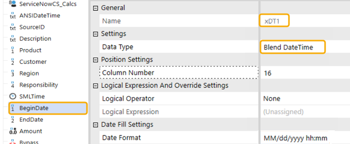 BeginDate is highlighted. The Name field value is xDT1 and the Data Type is Blend DateTime